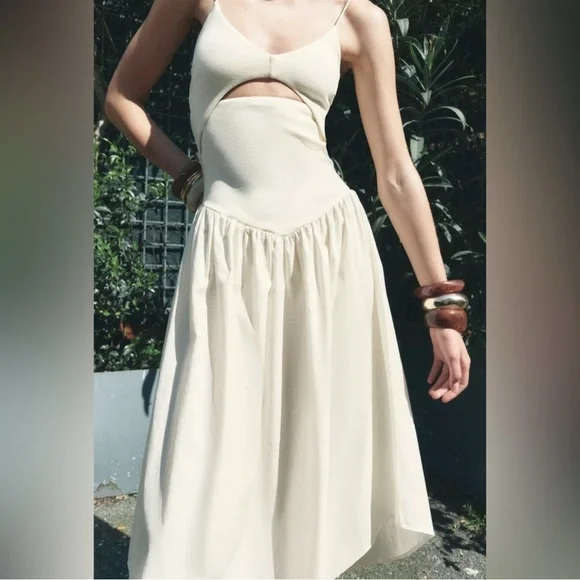 Zara Cutout Combination Dress in Ecru | Size Small - Picture 2 of 7